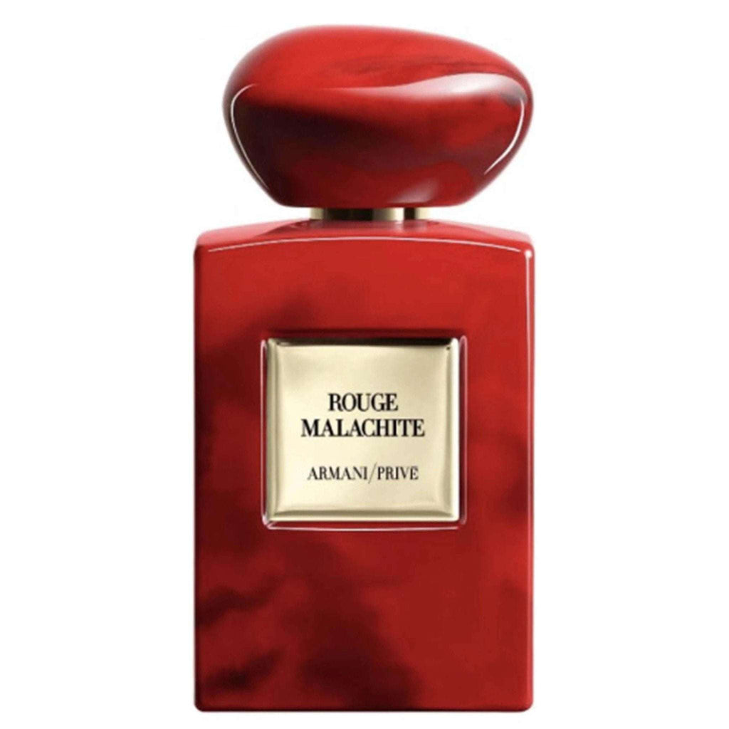 Armani Prive Rouge Malachite unisex fragrance bottle in deep red with gold label