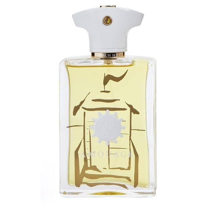 Beach Hut Man Amouage fragrance sample bottle with white cap and golden accents.