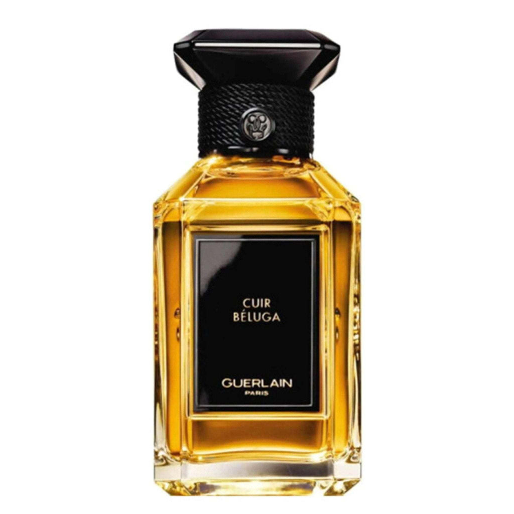 Cuir Béluga Guerlain unisex leather fragrance bottle with amber liquid