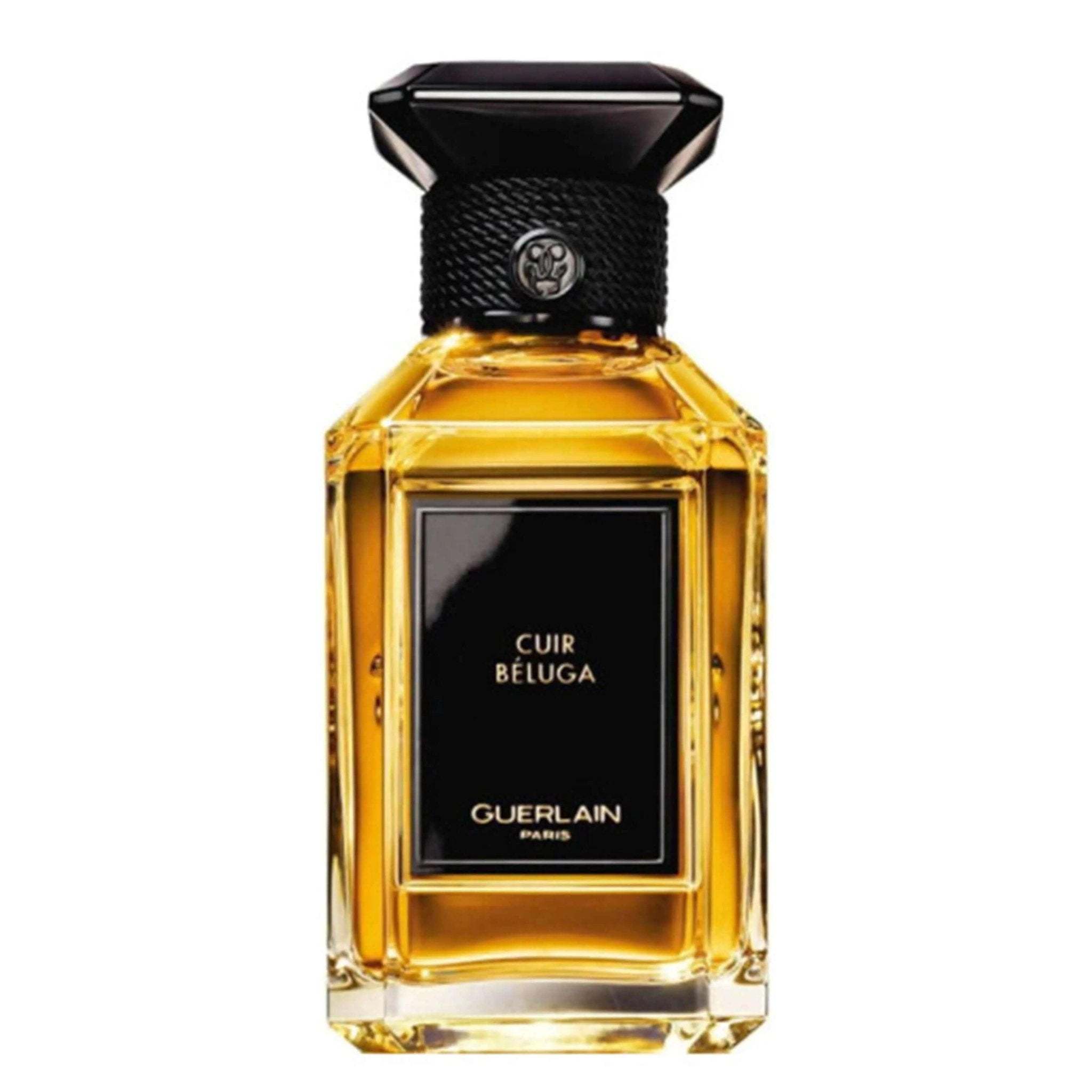 Cuir Béluga Guerlain unisex leather fragrance bottle with amber liquid
