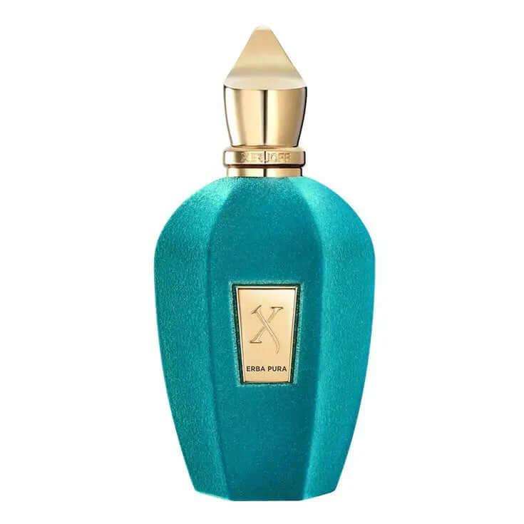 Erba Pura Xerjoff unisex amber fragrance decant bottle with teal velvet texture and gold cap