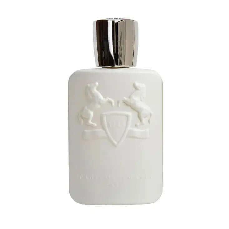 Galloway Parfums de Marly unisex fragrance bottle with white embossed design and silver cap