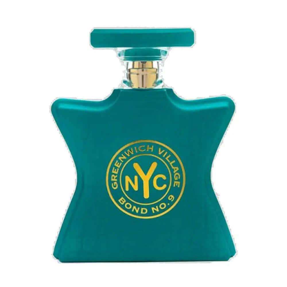 Greenwich Village Bond No 9 unisex amber floral fragrance bottle in teal color with NYC logo