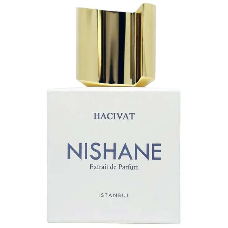 Hacivat Nishane unisex decant fragrance sample with gold cap and white bottle
