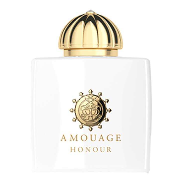 Honour Woman Amouage fragrance bottle with gold cap, featuring the brand logo and name.