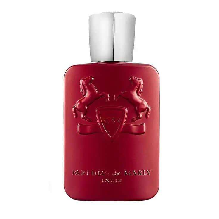 Kalan Parfums de Marly unisex amber spicy fragrance decant bottle with red embossed design and silver cap