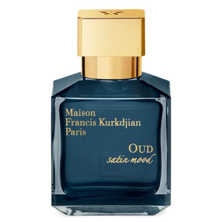 Oud Satin Mood fragrance bottle by Maison Francis Kurkdjian with gold cap and elegant dark blue glass design