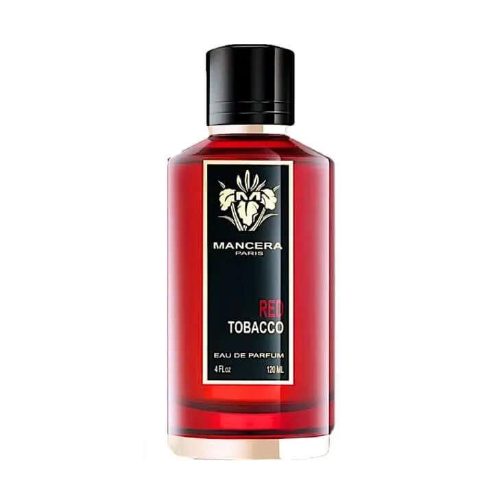 Red Tobacco Mancera unisex woody spicy fragrance sample bottle with red liquid and black cap