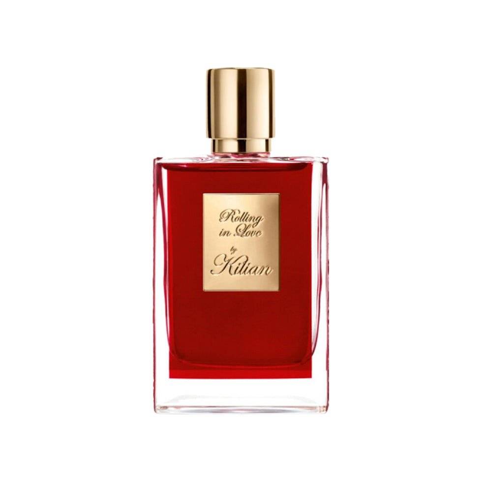By Kilian Rolling in Love unisex amber floral fragrance bottle with red liquid and gold cap