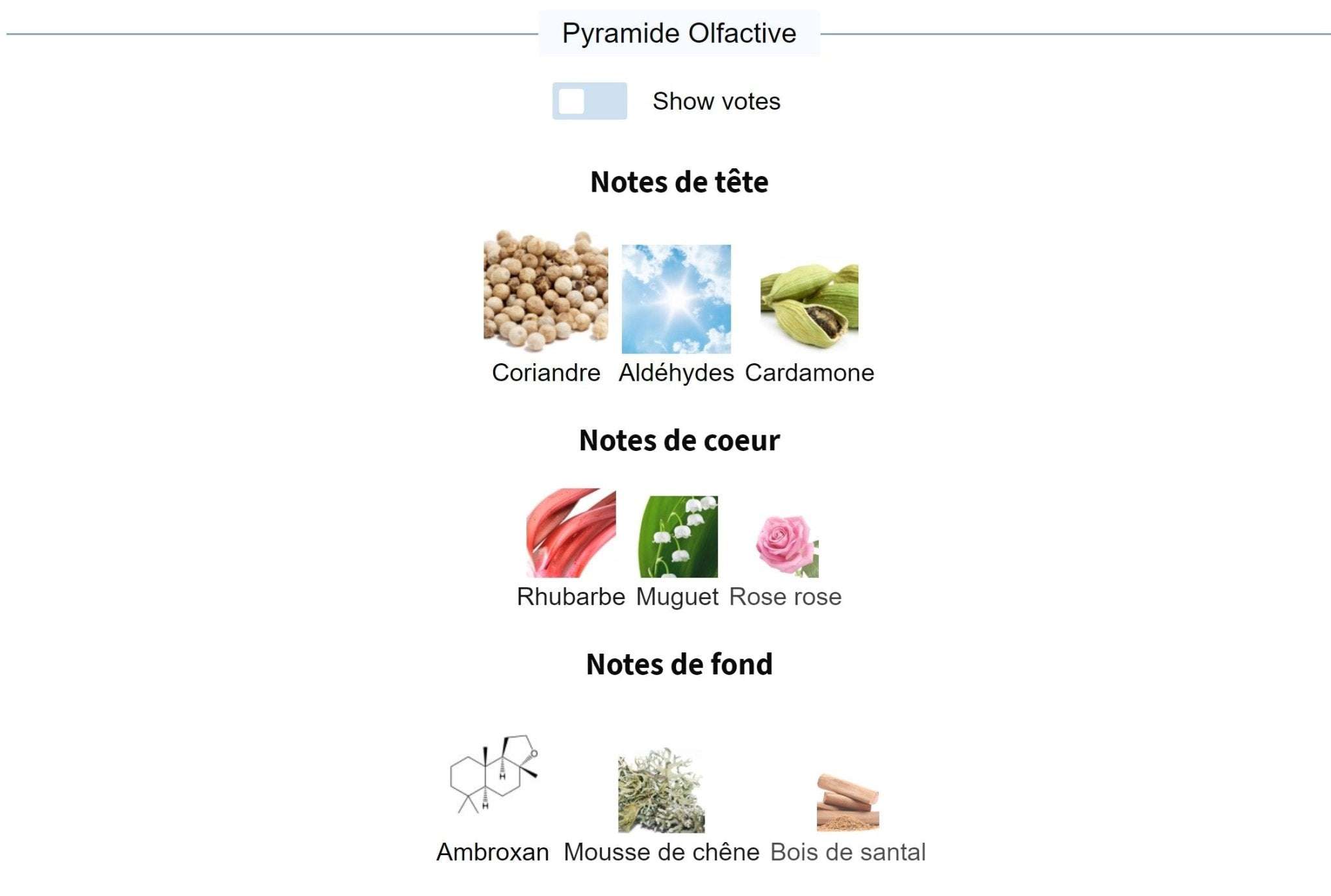 Aromatic fragrance notes for "Vodka on the Rocks" by Kilian, featuring coriander, aldehydes, cardamom, rhubarb, lily-of-the-valley, pink rose, ambroxan, oak moss, and sandalwood.